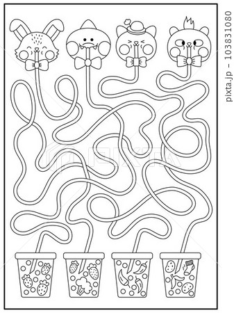 Kawaii black and white maze for kids. Preschool printable activity with cute animals drinking bubble tea with different tastes. Labyrinth game or coloring page with fancy drinks with carrot, Kawaii black and white maze for kids. Preschool printable activity with cute animals drinking bubble tea with different tastes. Labyrinth game or coloring page with fancy drinks with carrot, 103831080