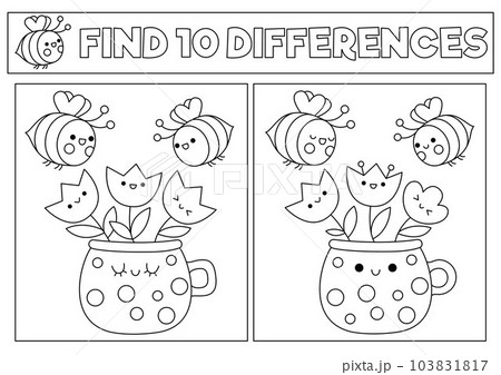 Garden black and white kawaii find differences game. Coloring page with cute bees and flowers in pot. Spring holiday puzzle or activity for kids. Printable what is different worksheet Garden black and white kawaii find differences game. Coloring page with cute bees and flowers in pot. Spring holiday puzzle or activity for kids. Printable what is different worksheet 103831817