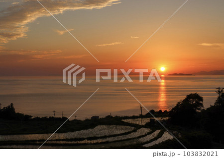 オレンジ色の夕焼け空に沈む夕日と棚田 103832021