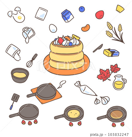 材料や作り方を含むホットケーキのカラーイラストセット 103832247