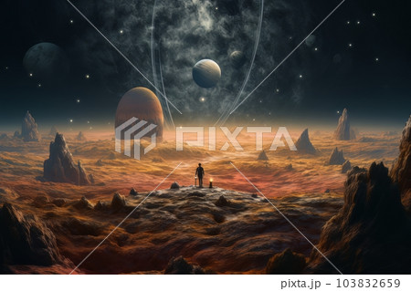 Man astronaut in a spacesuit on the surface of the planet in outer space. Ai 103832659
