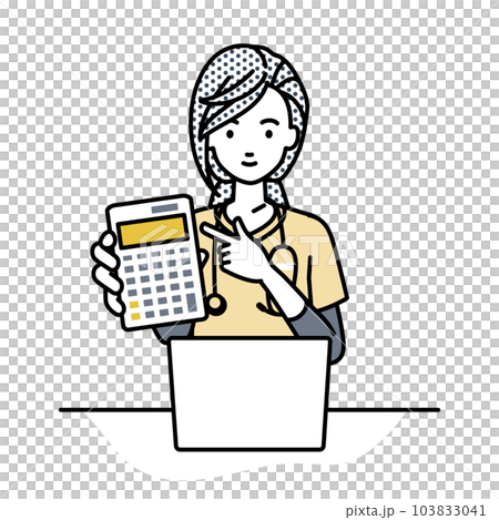 座ってデスクでノートPCを開いて電卓を指差してこちらに向けて見せている看護師の女性 座ってデスクでノートPCを開いて電卓を指差してこちらに向けて見せている看護師の女性 103833041