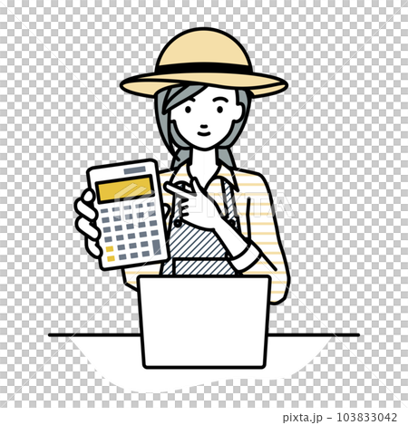 座ってデスクでノートPCを開いて電卓を持ってこちらに向けて見せている農家の女性 座ってデスクでノートPCを開いて電卓を持ってこちらに向けて見せている農家の女性 103833042