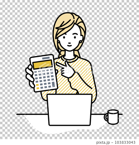 座ってデスクでノートPCを開いて電卓を指差してこちらに向けて見せているスウェットの女性 座ってデスクでノートPCを開いて電卓を指差してこちらに向けて見せているスウェットの女性 103833043
