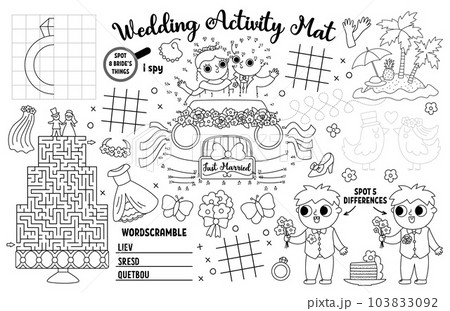 Vector wedding placemat for kids. Marriage ceremony printable activity mat with maze, tic tac toe charts, connect the dot, find difference. Bridal shower black and white play mat, coloring page 103833092