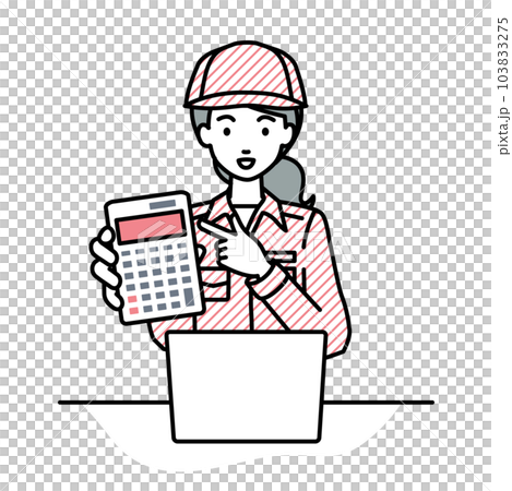 座ってデスクでノートPCを開いて電卓を指差してこちらに向けて見せている作業員の女性 座ってデスクでノートPCを開いて電卓を指差してこちらに向けて見せている作業員の女性 103833275