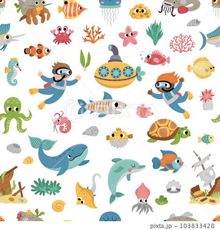 Vector under the sea seamless pattern. Repeat background with cute fish, seaweeds, divers, submarine. Ocean life digital paper. Funny water animals and weeds illustration with dolphin, whale Vector under the sea seamless pattern. Repeat background with cute fish, seaweeds, divers, submarine. Ocean life digital paper. Funny water animals and weeds illustration with dolphin, whale 103833428