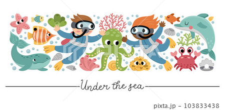 Vector horizontal under the sea border set with fish, divers. Ocean card template design with farm characters. Cute water animals border with dolphin, whale, octopus, star, crab 103833438