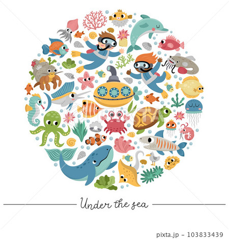 Vector under the sea round frame with divers, submarine, animals, weeds. Ocean card template design for banners, invitations. Cute illustration with dolphin, whale, tortoise, octopus Vector under the sea round frame with divers, submarine, animals, weeds. Ocean card template design for banners, invitations. Cute illustration with dolphin, whale, tortoise, octopus 103833439