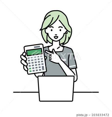 座ってデスクでノートPCを開いて電卓を指差してこちらに向けて見せているエステ店員・受付・接客係の女性 座ってデスクでノートPCを開いて電卓を指差してこちらに向けて見せているエステ店員・受付・接客係の女性 103833472