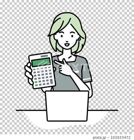 A woman who sits at a desk, opens a laptop, points to a calculator, and shows it towards us. A woman who sits at a desk, opens a laptop, points to a calculator, and shows it towards us. 103833472