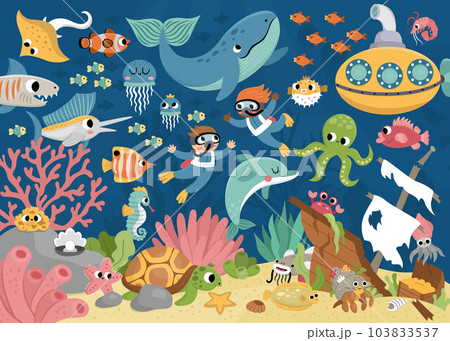 Vector under the sea landscape illustration. Ocean life scene with animals, dolphin, whale, submarine, divers, wrecked ship. Cute horizontal water nature background. Aquatic picture for kids Vector under the sea landscape illustration. Ocean life scene with animals, dolphin, whale, submarine, divers, wrecked ship. Cute horizontal water nature background. Aquatic picture for kids 103833537