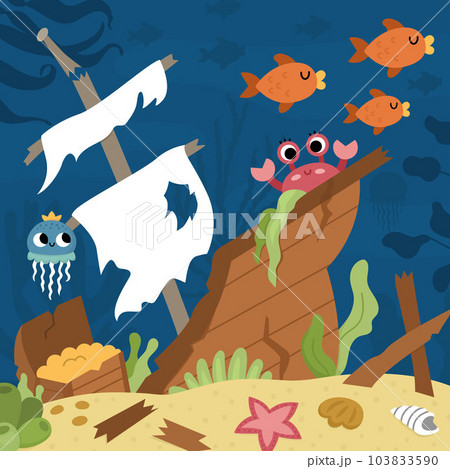 Vector under the sea landscape illustration with wrecked ship and treasure chest. Ocean life scene with sand, seaweeds, corals, reefs. Cute square water nature background. Shipwreck picture for kids Vector under the sea landscape illustration with wrecked ship and treasure chest. Ocean life scene with sand, seaweeds, corals, reefs. Cute square water nature background. Shipwreck picture for kids 103833590