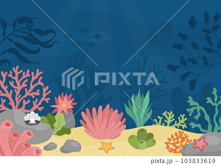 Vector under the sea landscape illustration. Ocean life scene with sand, seaweeds, stones, corals, reefs. Cute horizontal water nature background. Aquatic picture for kids 103833619
