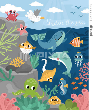 Vector under the sea landscape illustration with rock slope. Ocean life scene with animals, dolphin, whale, shark, seagull, sun. Cute vertical water nature background or card for kids 103833620