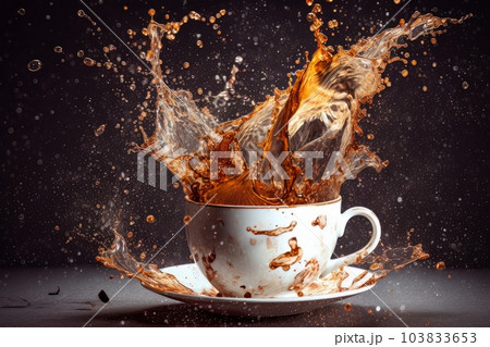 Coffee splashing out of a cup isolated on black background.. Ai 103833653