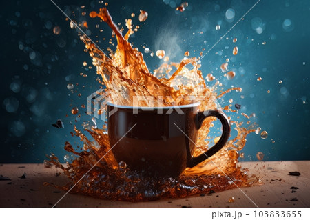Coffee splashing out of a cup isolated on black background.. Ai 103833655