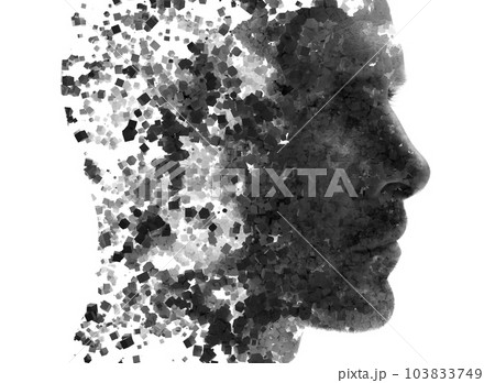 Double exposure black and white profile portrait of a man. Closeup Double exposure black and white profile portrait of a man. Closeup 103833749