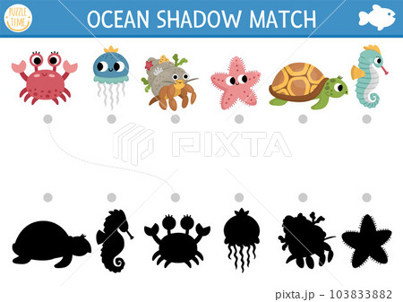 Under the sea shadow matching activity. Ocean puzzle with cute hermit crab, jellyfish, starfish, turtle, seahorse. Find correct silhouette printable worksheet or game. Water animals page for kids 103833882