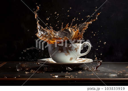 Coffee splashing out of a cup isolated on black background.. Ai 103833919