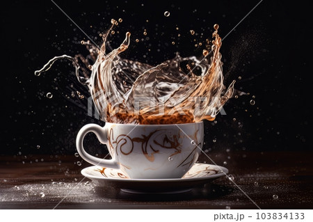 Coffee splashing out of a cup isolated on black background.. Ai 103834133