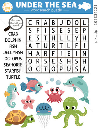Vector under the sea word search puzzle for kids. Simple easy ocean life word search quiz for children. Water animals and fish educational activity with octopus, starfish, crab, whale, dolphin Vector under the sea word search puzzle for kids. Simple easy ocean life word search quiz for children. Water animals and fish educational activity with octopus, starfish, crab, whale, dolphin 103834221