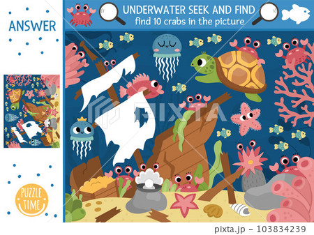 Vector under the sea searching game with sea landscape, wrecked ship. Spot hidden crabs in the picture. Simple ocean life seek and find printable activity for kids. Water animals hunt 103834239