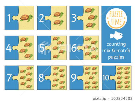 Vector under the sea mix and match puzzle with cute baby turtles. Ocean life matching math activity for children. Educational printable counting match up game for kids with funny water animal 103834302