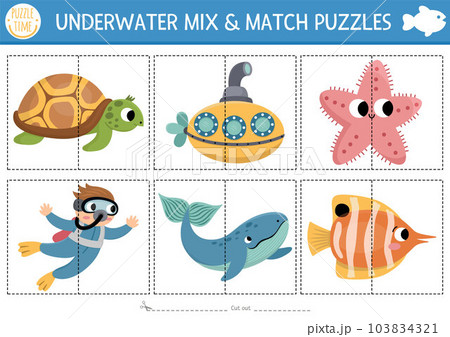 Vector under the sea mix and match puzzle with cute characters. Matching ocean life activity for preschool kids. Educational printable game with turtle, submarine, diver, starfish Vector under the sea mix and match puzzle with cute characters. Matching ocean life activity for preschool kids. Educational printable game with turtle, submarine, diver, starfish 103834321