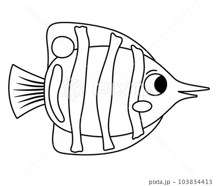 Vector black and white butterfly fish icon. Under the sea line illustration with cute funny creature. Ocean animal clipart. Cartoon underwater or marine clip art or coloring page for children Vector black and white butterfly fish icon. Under the sea line illustration with cute funny creature. Ocean animal clipart. Cartoon underwater or marine clip art or coloring page for children 103834413