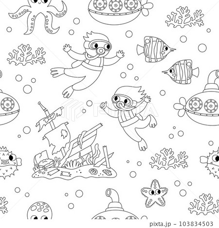 Vector black and white under the sea seamless pattern. Repeat line background with fish, seaweeds, divers, submarine. Ocean life digital paper. Water animals coloring page with wracked ship 103834503
