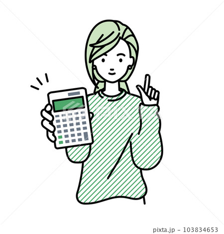 立って電卓を持ってこちらに向けて見せているスウェットの女性 103834653