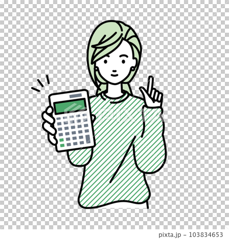 立って電卓を持ってこちらに向けて見せているスウェットの女性 103834653