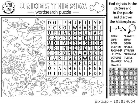Vector black and white under the sea word search puzzle for kids. Simple ocean life line word search quiz for children. Water animals and fish educational activity, coloring page with octopus, diver 103834654