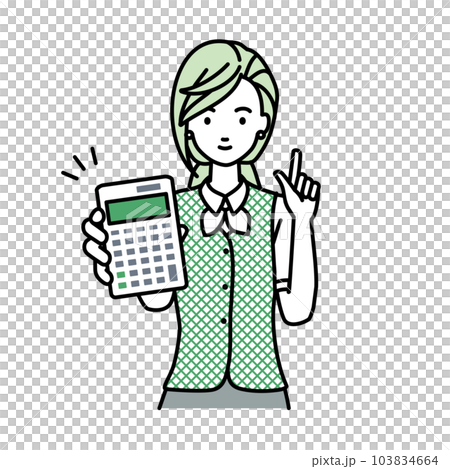 立って電卓を持ってこちらに向けて見せている事務員制服の女性 立って電卓を持ってこちらに向けて見せている事務員制服の女性 103834664