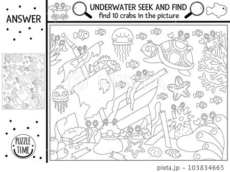 Vector black and white under the sea searching game with sea landscape, wrecked ship. Spot hidden crabs. Simple ocean life seek and find printable activity, coloring page for kids. Water animal hunt Vector black and white under the sea searching game with sea landscape, wrecked ship. Spot hidden crabs. Simple ocean life seek and find printable activity, coloring page for kids. Water animal hunt 103834665