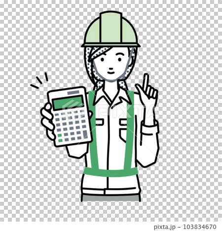 立って電卓を持ってこちらに向けて見せている工事現場の女性 103834670