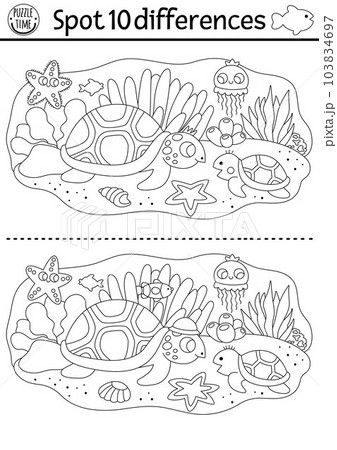 Find differences game for children. Black and white educational activity  with cute crab, sponge, sea landscape. Ocean life line puzzle for kids with  b Stock Vector Image & Art - Alamy