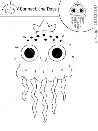 Vector dot-to-dot and color activity with cute jellyfish. Under the sea connect the dots game for children with funny water animal. Ocean life coloring page for kids. Printable worksheet with jelly 103834847