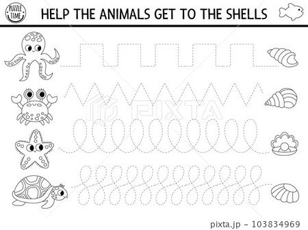 Vector under the sea handwriting practice worksheet. Ocean life printable black and white activity for preschool children. Tracing game for writing skills. Coloring page with water animals, shells Vector under the sea handwriting practice worksheet. Ocean life printable black and white activity for preschool children. Tracing game for writing skills. Coloring page with water animals, shells 103834969