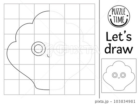 Complete the seashell picture. Vector under the sea symmetrical drawing practice worksheet. Printable black and white activity for kids. Copy the picture ocean life coloring page with water shell Complete the seashell picture. Vector under the sea symmetrical drawing practice worksheet. Printable black and white activity for kids. Copy the picture ocean life coloring page with water shell 103834981