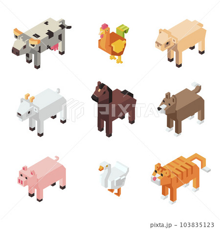 Funny animal characters, pixel or square figures 103835123