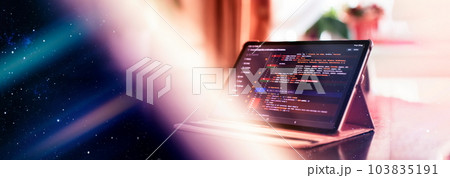 Notebook closeup photo. CSS, JavaScript and HTML usage. Monitor closeup of function source code. Abstract IT technology background. Software source code. 103835191