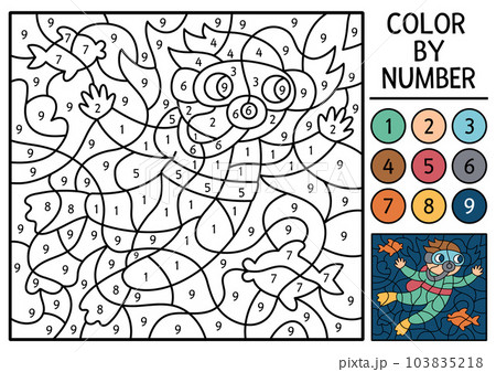 Vector under the sea color by number activity with scuba diver and fish. Ocean life scene. Black and white counting game with swimming boy. Coloring page for kids with underwater landscape Vector under the sea color by number activity with scuba diver and fish. Ocean life scene. Black and white counting game with swimming boy. Coloring page for kids with underwater landscape 103835218
