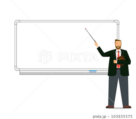 ホワイトボードの前でプレゼンテーションするビジネスマンの白人男性のイラスト ホワイトボードの前でプレゼンテーションするビジネスマンの白人男性のイラスト 103835575