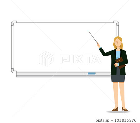 ホワイトボードの前でプレゼンテーションするビジネスマンの白人女性のイラスト ホワイトボードの前でプレゼンテーションするビジネスマンの白人女性のイラスト 103835576