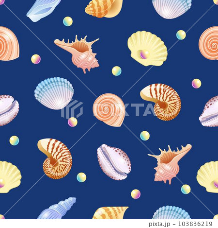 Seashells vector seamless pattern on blue background with shells and pearls Seashells vector seamless pattern on blue background with shells and pearls 103836219