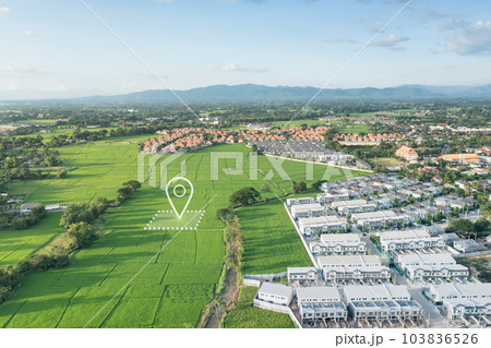 Land plot and identify registration symbol in aerial view. Land plot and identify registration symbol in aerial view. 103836526