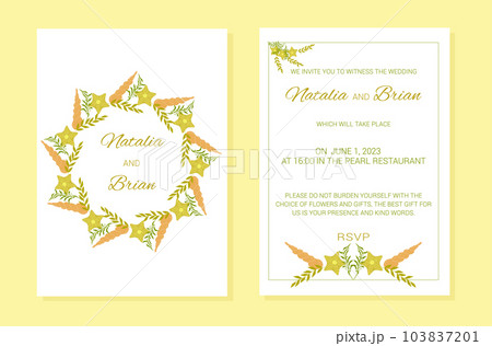 Wedding invitation Summer sea theme plants layout. A frame of marine elements with text. Seaweed, starfish, seashell. Vector illustration. Wedding invitation Summer sea theme plants layout. A frame of marine elements with text. Seaweed, starfish, seashell. Vector illustration. 103837201