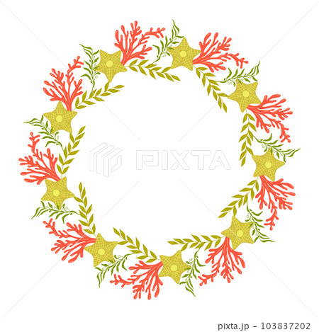 Frames made of summer elements white background. Algae, corals, starfish. A frame of marine elements. Design of a poster, banner, postcard. Vector illustration 103837202